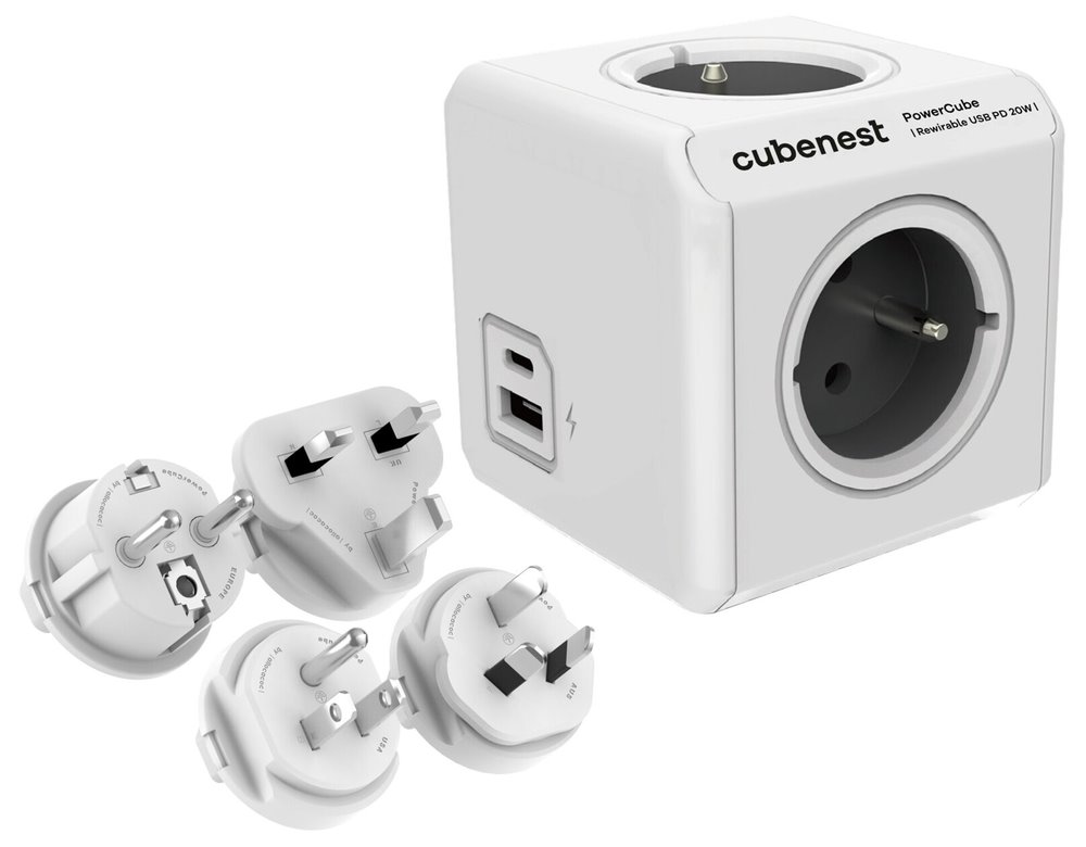 Cubenest Powercube ReWirable USB PD 20W, A+C, 4× zásuvka, bílá/šedá, 4 cestovní koncovky, dětská pojistka, uzemnění