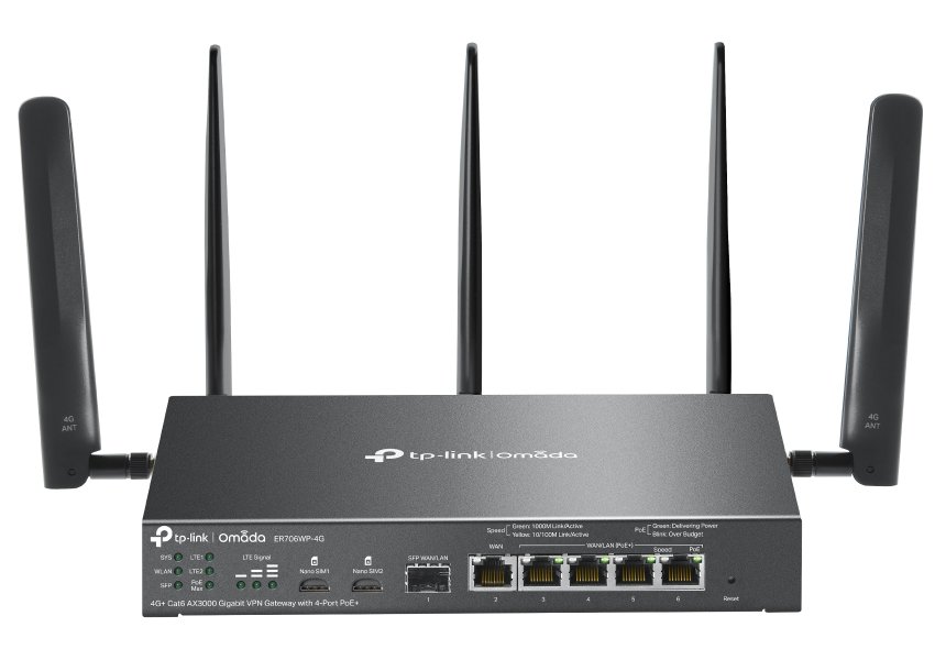 TP-Link ER706WP-4G Omada VPN Router, 2x Nano SIM, AX3000 WiFi 6, 1x SFP GWAN, 1x GWAN, 4x GLAN PoE+