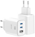 Swissten Síťový Adaptér Edge GaN 2x USB-C PD 65W + 1x USB-A 18W QC Bílý