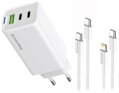 COLORWAY 2x USB-C, 1x USB-A/ síťová nabíječka/ GaN/ PD/ PPS/ 65W/ Včetně 2x kabelů, USB-C-USB-C, USB-C-Lightning/ Bílá