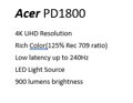 Acer PD1800 LED DLP, 4K UHD 3840x2160, 1500 ANSI, 8000:1, HDMI, repro 1x5W, 2.3Kg