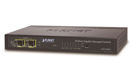 PLANET GSD-1002 gigabit L2 / L4 switch 8x TP, 2x SFP, DC / PoE-in, fanless