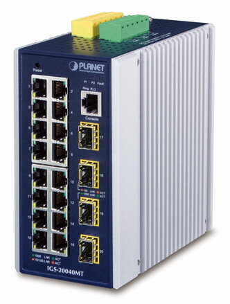 Planet IGS-20040MT, 16x RJ-45, 4x SFP, DIN, IP30, -40 až + 75 ° C, Web / SNMPv3, VLAN, IGMPv3, ESD, IPv4 / IPv6