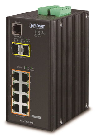 PLANET IGS-10020PT Priemyselný Switch, 8x 10/100/1000 PoE 802.3at (240W) + 2x 100/1000 SFP, Management, -40 + 75 ° C