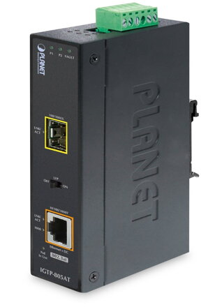 PLANET IGTP-805AT PoE konvertor 802.3at, 1x 1000Base-T, 1x 100 / 1000Base-X, SFP, -40 až 75 st.C, EFT + ESD