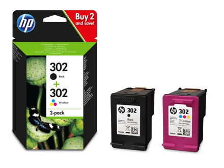 HP 302 Dvojbalení originálních inkoustových kazet, Černá a Tříbarevná