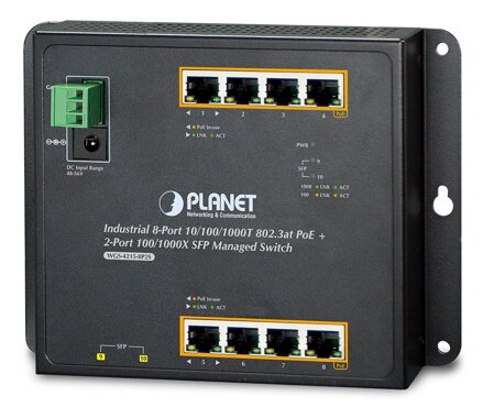 Planet WGS-4215-8P2S nástenný PoE switch 8x1000B-T, 2x SFP, Web / SNMP, 802.3at <200W, -40 ~ 75 ° C, fanless