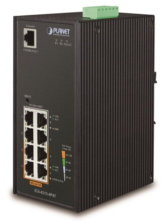 Planet IGS-4215-4P4T Gigabit PoE switch 4x TP + 4x POE, 802.3af 140W, IP30, -40 až 75 ° C, SNMP, IGMPv3