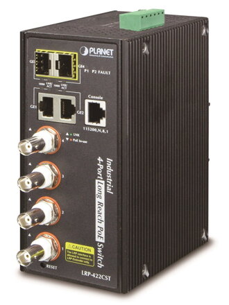 Planet LRP-422CST, priemyselný COAX PoE switch, 4x 100Base-TX, 2x SFP / TP, IEEE802.3, Web / SNMPv3