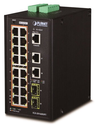 Planet IGS-20160HPT, 18x 1000Base-T, 16x PoE <320W, 2x SFP, L3, DIN, IP30, -40 až 75 ° C, WEB / SNMPv3, I / O