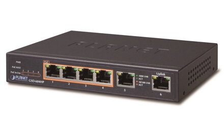 PLANET GSD-604HP PoE switch 1Gbps, 6xTP, 4xPoE 802.3at / af 30W / 55W, fanless