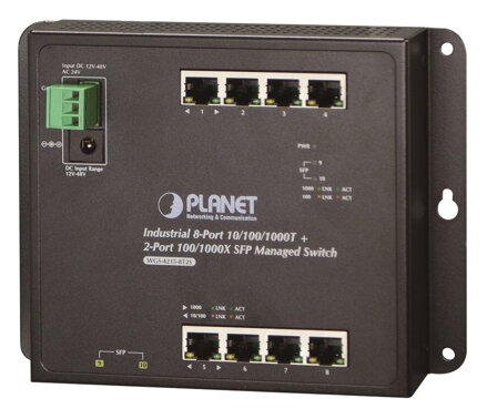 Planet WGS-4215-8T2S nástenný switch 8x1000B-T, 2x SFP, správa Web / SNMP, DIN, IP30, -40 ~ 75 ° C, dual DC, fanless