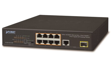 Planet FGSD-1011HP PoE switch, 8x 10/100 PoE, 1x TP + 1x SFP 1000Base-X, extend mód 10Mb, ESD, 802.3at 120W, fanless