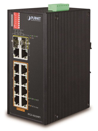 Planet IFGS-1022HPT, PoE switch 8x 100Base-TX, 2x TP 1000Base-X, 2x SFP +, 802.3at 240W, PoE ext, -40 až 75st.C