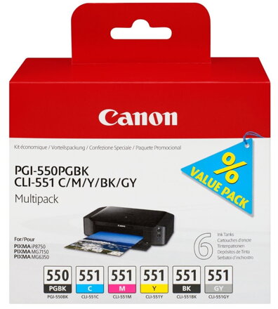 Canon cartridge multipack PGI-550 + CLI-551 (CMYBkGY, 19 000 str) pro Canon PIXMA iP8750, MG7150, MG6350