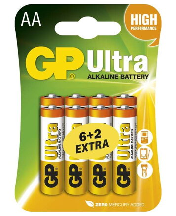 GP alkalická baterie 1,5V AA (LR6) Ultra 8ks blistr (6+2ks ZDARMA)