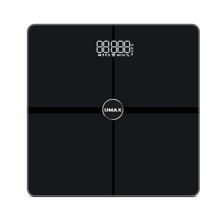 UMAX chytrá váha Smart Scale US30HRC/ 0,2 – 180 kg/ Bluetooth 4.0/ 15 tělesných parametrů (tep. frekv.)/ čeština/ černá