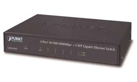 Planet GSD-603F Gigabit switch 5x 1000Base-T (RJ-45) + 1x SFP, kov, EuP