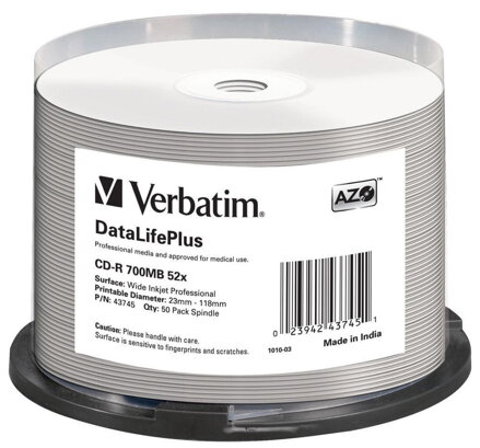 VERBATIM CD-R 700MB DLP/ 52x/ 80min/ WIDE Profesional Printable/ 50pack/ spindle