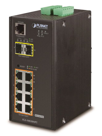 PLANET IGS-10020HPT Priemyselný Switch 8x 10/100/1000 PoE + (270W) + 2x 100/1000 SFP, Management, -40 + 75 ° C, 12-48VDC