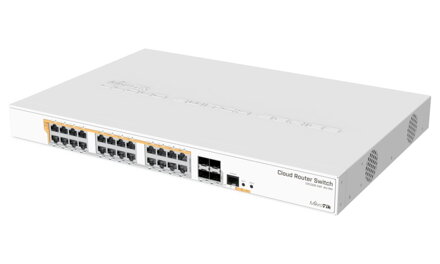 MikroTik Cloud Router Switch CRS328-24P-4S + RM, 800MHz CPU, 512MB, 24xGLAN, 4xSFP + cage, ROS L5, PSU, 1U Rackmount