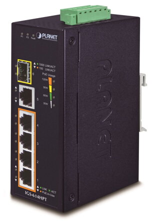 PLANET IGS-614HPT Priemyselný PoE Switch 5x 1000Base-T, 1x SFP, 4x PoE 802.3at, -40 ~ + 75 ° C, 12-56VDC, dual-power, DIN