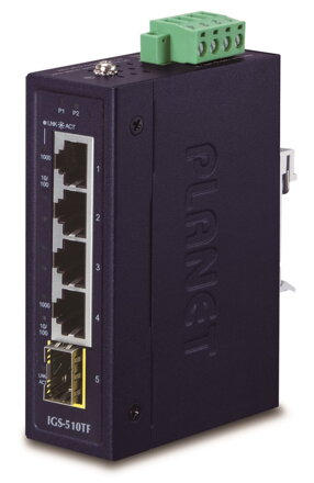 PLANET IGS-510TF Priemyselný Switch 4x 1000Base-t, 1x SFP, dual power, 9-48VDC, -40 + 75 ° C