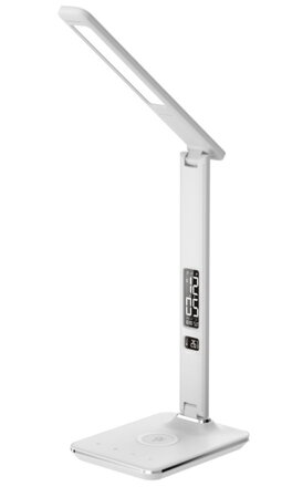 IMMAX LED stolní lampička Kingfisher/ Qi nabíjení/ 8,5W/ 400lm/ 12V/2,5A/ 3 barvy světla/ sklápěcí rameno/ bílá