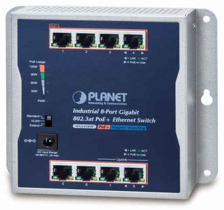 PLANET priemyselný / nástenný PoE switch 8x 1Gb, 8x PoE 802.3at 30 / 120W, IP30, 48-56V, -20 / + 60st, fanless