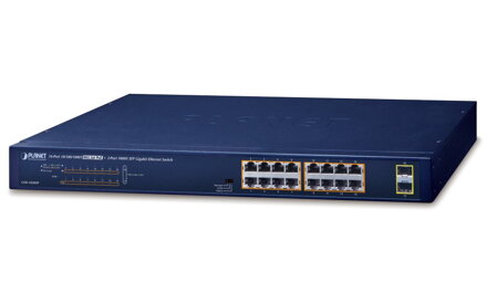 Planet GSW-1820HP PoE switch, 16x1Gb + 2x SFP 1Gb, PoE 802.3at 30 / 240W, VLAN, extend mód 10Mb-250m, 802.3az