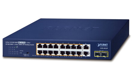 PLANET PoE switch 18x1Gb + 2xSFP 1Gb, 16x PoE 802.3at 30 / 185W, VLAN, extend mód 10Mb-250m