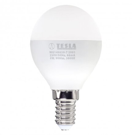 TESLA LED žiarovka miniglobe BULB/ E14/ 8W/ 230V/ 900lm/ 3000K/ teplá biela