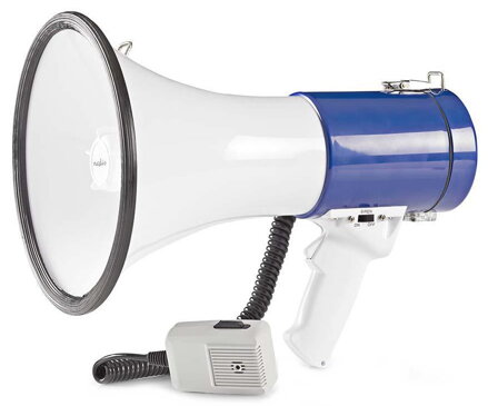 NEDIS megafon/ rozsah 1500m/ hlasitost 135dB/ odnímatelný mikrofon/ vestavěná siréna/ ramenní popruh/ bílo-modrý