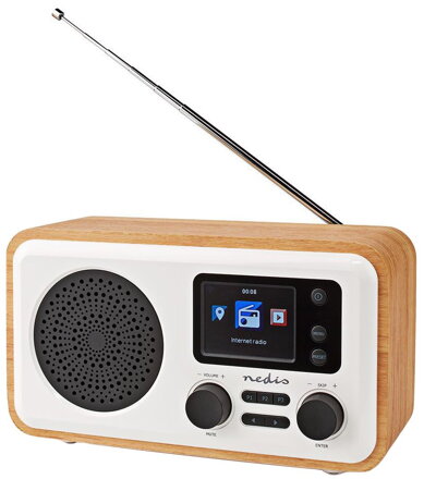 NEDIS internetové rádio/ výkon 7W/ FM/ DAB+/ Internet/ Bluetooth/ Wi-Fi/ USB/ 3,5mm jack/ bílé/ dřevo