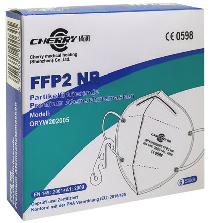 CHERRY 6ks Respirátor QRYW202005 s filtračnou triedou ochrany FFP2 NR  biely / stupeň filtrácie > 95%
