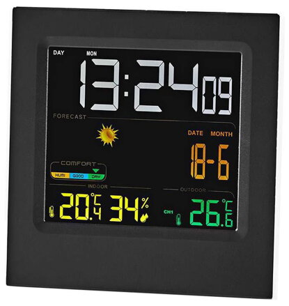 NEDIS meteostanica/ vnútorná a vonkajšia/ digitálna/ bezdrôtový senzor počasia/ predpoveď počasia/ čas/ LED/ budík/ čierno-biely