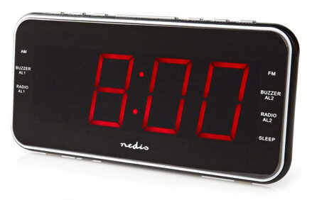 NEDIS digitální budík s rádiem/ LED displej/ 3,5 mm jack/ AM/ FM/ odložené buzení/ časovač vypnutí/ 2 alarmy/ černý