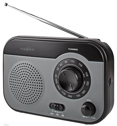 NEDIS přenosné rádio/ AM/ FM/ napájení z baterie/ síťové napájení/ analogové/ 1.8 W/ výstup pro sluchátka/ černo-šedé