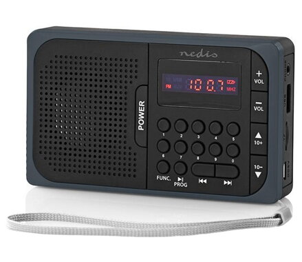 NEDIS přenosné rádio/ FM/ napájení z baterie/ síťové napájení/ digitální/ 3.6 W/ výstup pro sluchátka/ černo-šedé