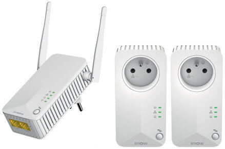 STRONG sada 3 adaptérů Powerline WF 600 TRI FR/ Powerline 600 Mbit/s/ Wi-Fi 300 Mbit/s/ 2x LAN/ bílý