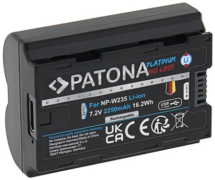 PATONA baterie pro foto Fuji NP-W235 2250mAh Li-Ion Platinum USB-C nabíjení