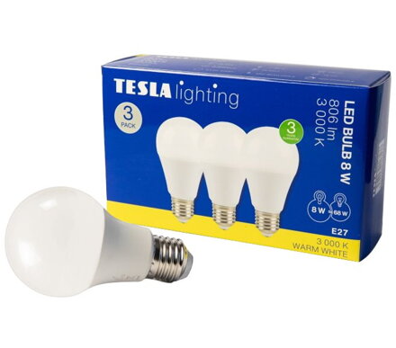 Tesla LED žárovka BULB 3ks E27/8W/230V/806lm/25 000h/3000K teplá bílá/220st