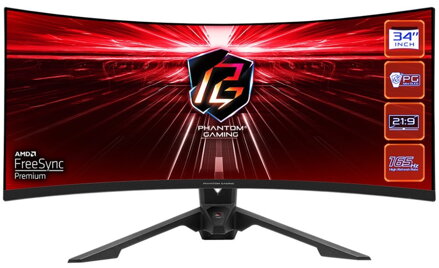 POŠKOZENÝ OBAL - Phantom Gaming by Asrock monitor PG34WQ15R3A prohnutý 34"/VA/3440x1440/165Hz/550cd/m2/1ms/DP/2xHDMI/wifi ant/...