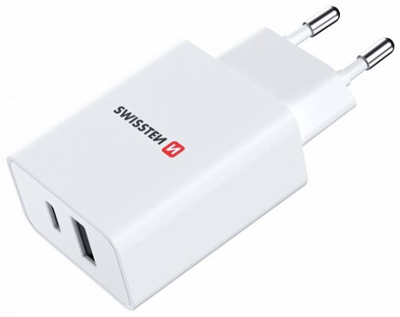 Swissten Síťový Adaptér GaN 1x USB-C + 1x USB 30W PD Bilý