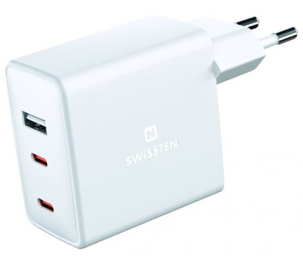 Swissten Síťový Adaptér GaN 2x USB-C + 1x USB 70W PD Bilý