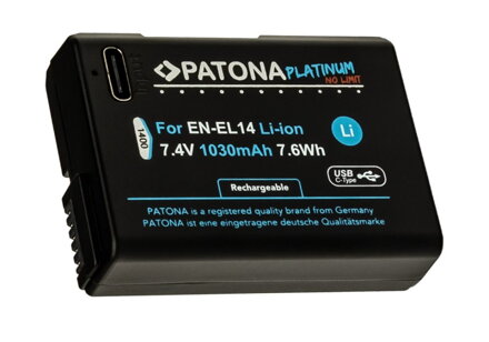 PATONA baterie pro foto Nikon EN-EL14/EN-EL14A 1030mAh Li-Ion Platinum USB-C nabíjení