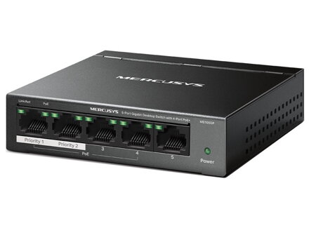 TP-Link Mercusys MS105GP Switch 5-Port, 4× Gigabit PoE+, 1× GLAN, 802.3af/at, 65 W