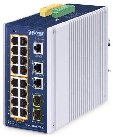 Planet IGS-4215-16P2T2S průmyslový L2 switch, 18x1Gb,2x1Gb SFP,16x PoE 802.3at 240W,-40~75°C, dual 48-54VDC,IP30,fanless