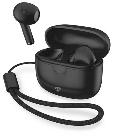 NEDIS bezdrátová sluchátka + mikrofon/ TWS/ BT/ 94 dB/ výdrž 16 hodin/ hlasové ovládání/ nabíjecí pouzdro/ USB-C/ černé