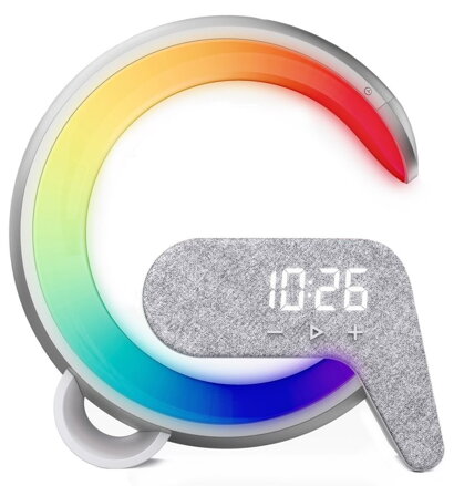 IMMAX LED relaxační lampička FLAMINGO/ Qi nabíjení/ budík/ RGB/ 300lm/ USB výstup/ BT 5.1/ stříbrná